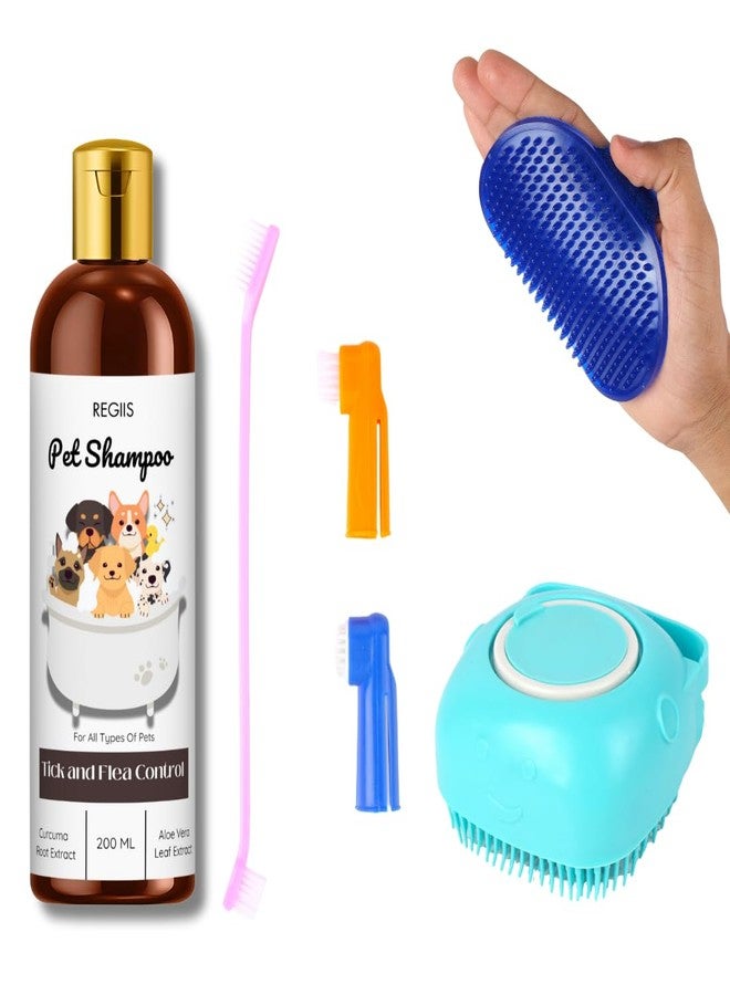 مجموعة شامبو للحيوانات الأليفة مع تركيبة لمكافحة القراد والبراغيث، زجاجة سعة 200 مل، تتضمن فرشاة تنظيف وأدوات استحمام لجميع أنواع الحيوانات الأليفة (عبوة من 4 قطع) - Image 1